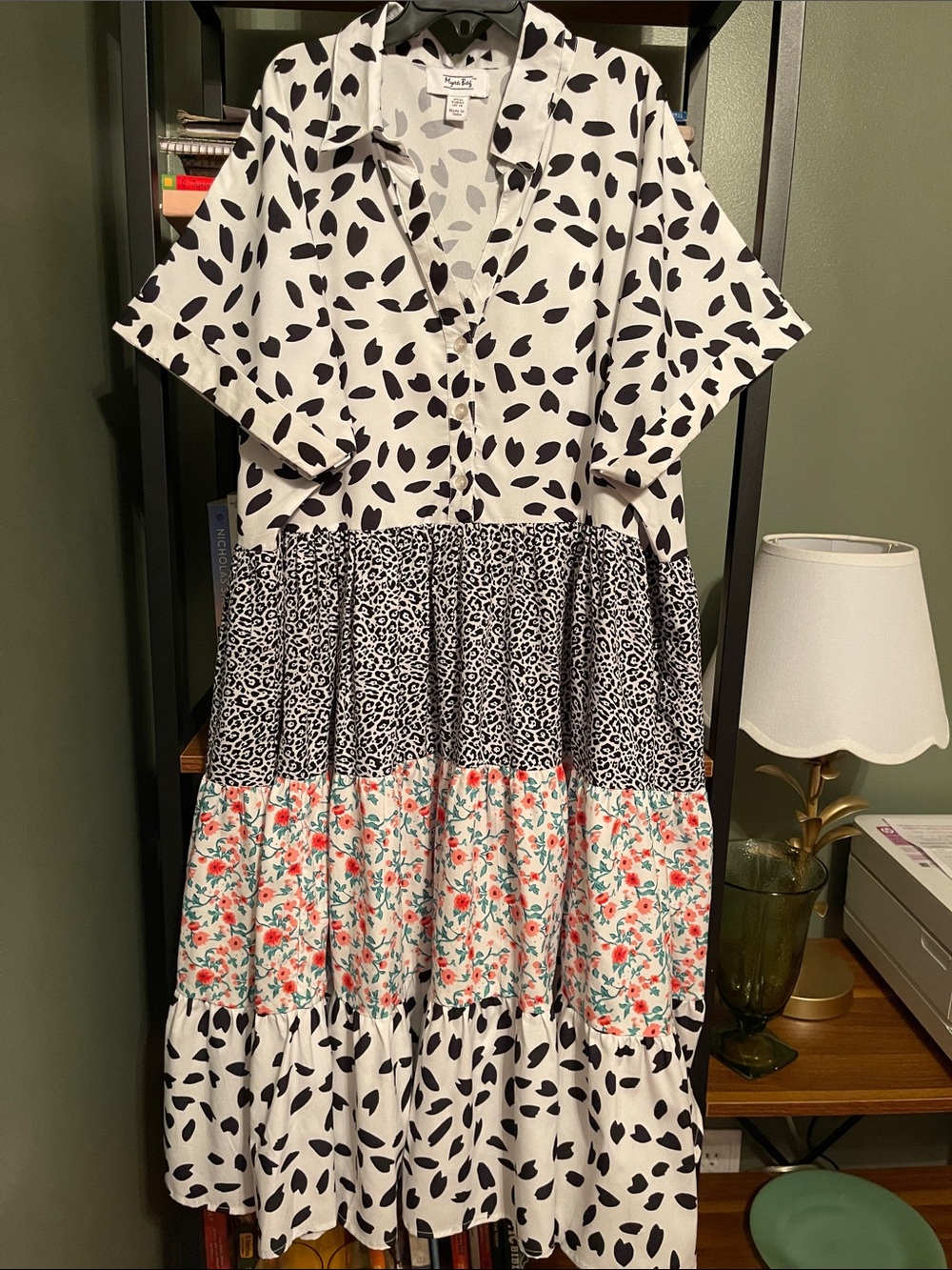 Myra Bag Mixed-Print Tiered Midi Dress in White, Black and Coral size medium